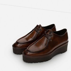 Zara LEATHER shiny brown Lace Up PLATFORM SHOES